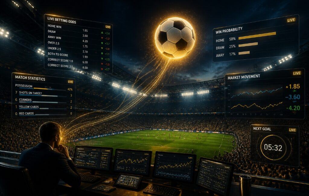 Live football betting concept with real-time odds, football stadium, and premium sportsbook analytics.
